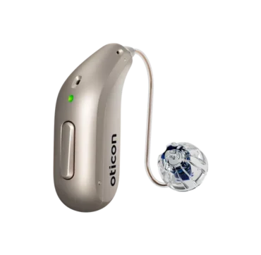 Oticon_Intent_miniRITE_H1-2024_Left_C090ChromaBeige_LEDgreen_Speaker60_OpenBassDome_1200x1200px_Original file